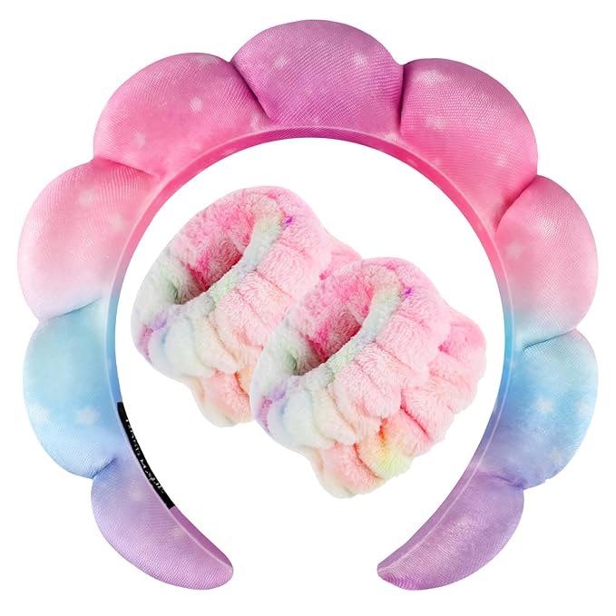 Zkptops Spa Headband for Washing Face Wristband Set Sponge Makeup Skincare Velvet Fabric Bubble Soft Get Ready Hairbands for Women Puffy Headwear Non Slip Thick Thin Hair Accessory(Star)