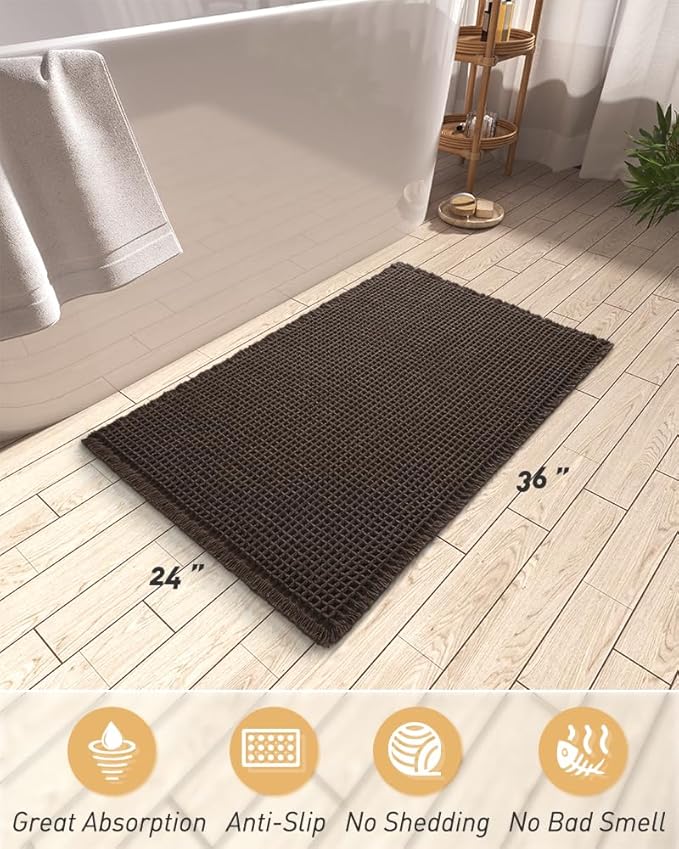 AMOAMI Upgraded Waffle Bath Mat, Super Absorbent Non Slip Bath Mats for Bathroom Floor, Machine Washable Bathroom Rugs with Tassels, Rubber Backed Bathroom Mats, Ultra Soft, 24" x 36", Chocolate