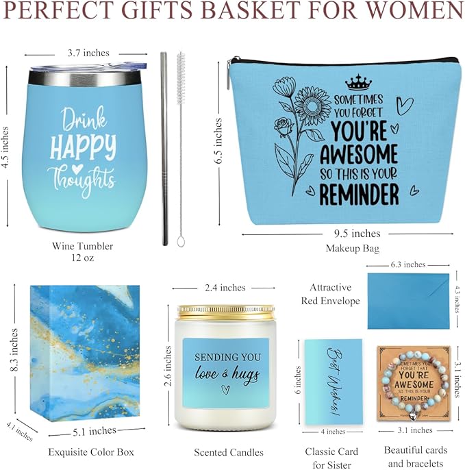Positive Self Care Birthday Gifts for Women, Thank You Get Well Soon Thinking of You Gifts for Women, Teacher Friends Girls Christmas Friendship Wine Tumbler Makeup Bag Scented Candle Bracelet Basket