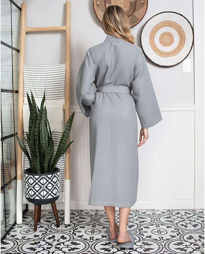 Lotus Linen Waffle Robes for Women - Lightweight Cotton Kimono Bathrobe - Long Soft Spa Bath Robe