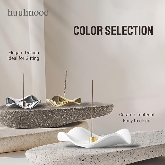 6.7 "Ceramic Incense Burner for Incense/Coil,Wavy Base with Brass -Incense Holder for Sticks,with Ash Catching Bowl for Meditation Yoga and Home Decoration (White)