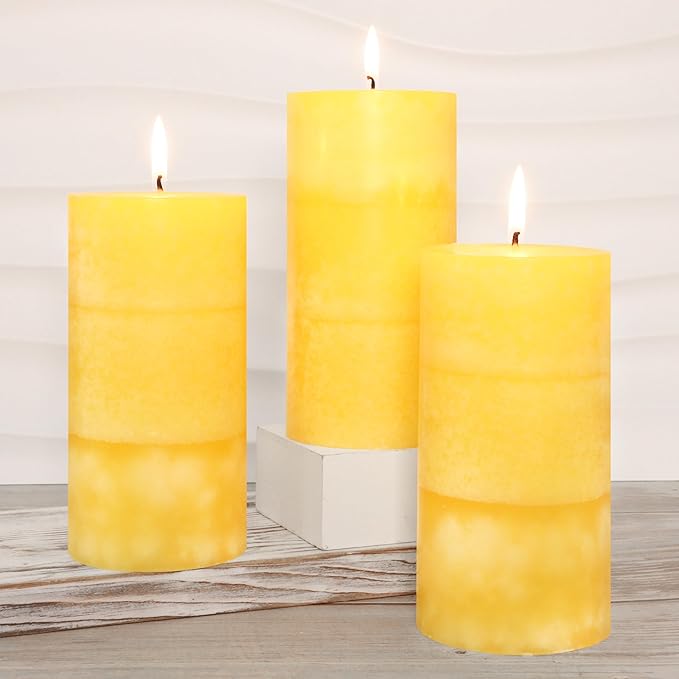 3 x 6 Inches Pillar Candles Lemongrass Scented Yellow Decorative Rustic Candles Citrus Scent Clean Burning Hand-Poured Large Candles for Home Aesthetic Relax Spa Bathroom Wedding Decor