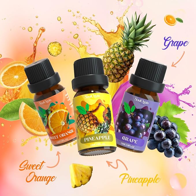 Fruit Essential Oils Set, Fragrance Oil Set for Diffuser, Scent Diffuser Oil for Candle Making- Pineapple, Sweet Orange, Grape, Green Apple, Blueberry, Watermelon