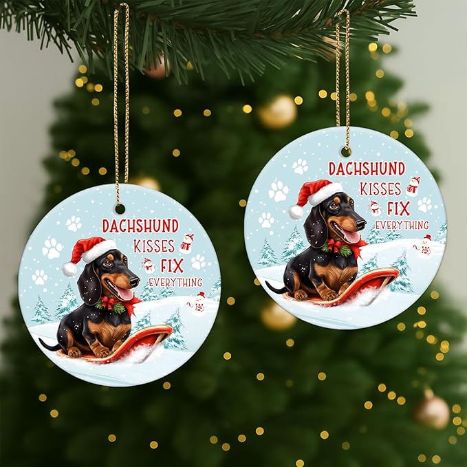 34HD Dachshund Skiing Gifts for Christmas, Dachshund Kisses Fix Everything Christmas Ornament for Tree 2025 Ceramic 2-Side Printed, Dog Lover Gifts for Men Women