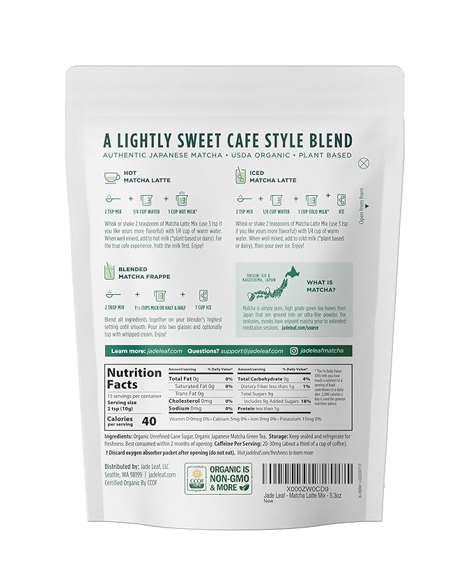 Jade Leaf Matcha Organic Café Style Sweetened Matcha Latte Premium Barista Crafted Mix - Original - Authentically Japanese (5.3 Ounce Pouch)