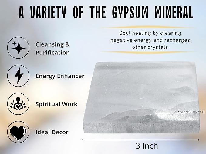 Amazing Gemstone Selenite Crystal Charging Plate For Crystals And Healing Stones, 3" Selenite Crystal Plate Coaster For Home, Office Table Decor (Selenite Square)