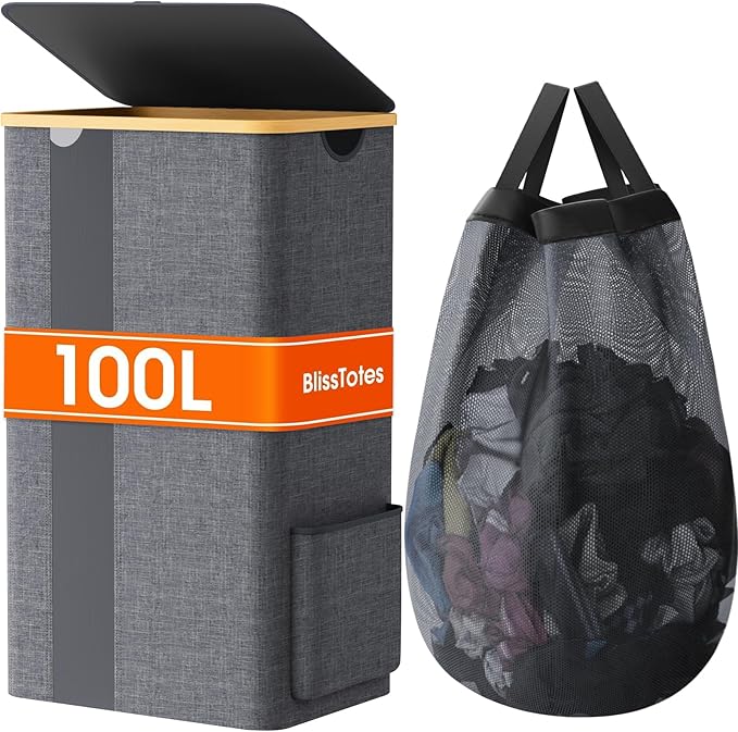 Laundry Basket Clothes Hamper with Lid and Pocket Large Collapsible Laundry Baskets with Handle, Freestanding Hampers for Bedroom Aesthetic, Dorm, Bathroom, Laundry Room (100L,Light Grey)
