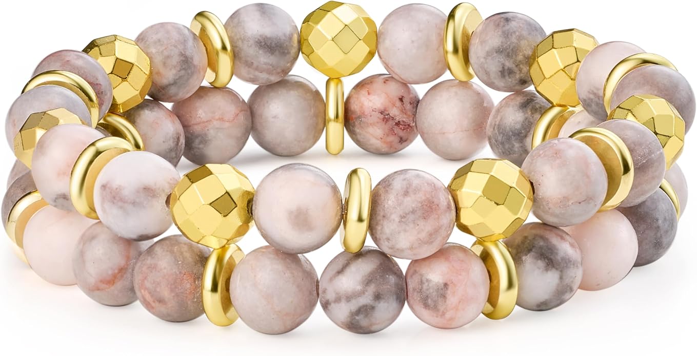 Bivei Natural Gemstone Semi Precious Healing Crystals Handmade Stretchy Round Beads Bracelet, Enhance Positive Energy