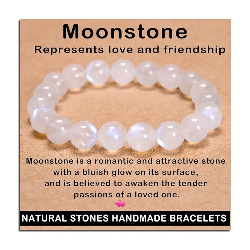 AD Beads Handmade Gemstone Stretch Elastic Bracelet Crystal Healing Reiki Nature's Beauty and Spiritual Essence Unisex (10mm, Moonstone (love and friendship))