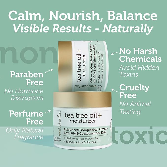 Era Organics Tea Tree Cream Face Moisturizer for Oily Skin - Advanced 7X Balancing Oily Skin Moisturizer - Non-Greasy Moisturizer - Tea Tree Oil for Skin