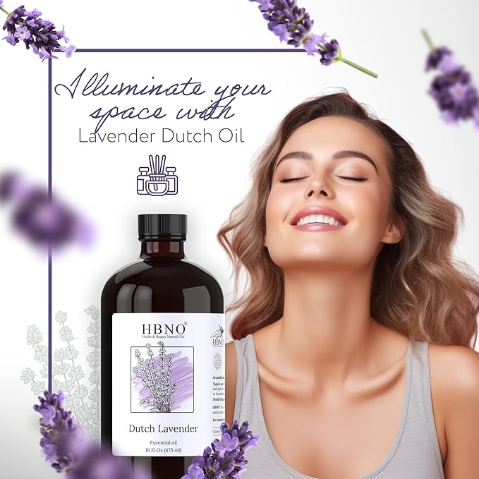 HBNO Lavender Dutch Oil - 16 oz (475ml) Large Size - Ideal for Shampoos, Conditioners, Mouth Washes, Face wash, Lotions, and Skin Care Products (Glass Bottle).