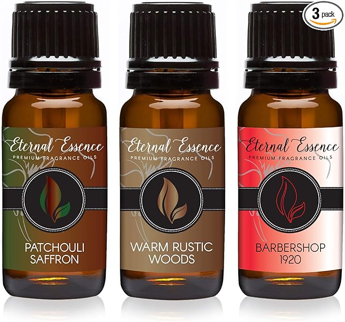Eternal Essence Oils 2 Pack 10ml Premium Fragrance Oil - Patchouli Saffron, Barbershop 1920 & Warm Rustic Woods - for Candle, Soap Making, Aromatherapy, Diffusers, Home Care, & Humidifiers