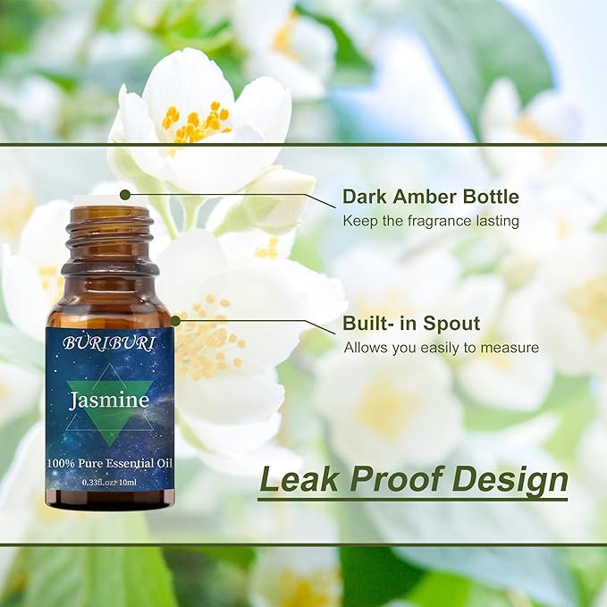 BURIBURI Jasmine Essential Oil, 100% Pure, Undiluted, Natural, Organic Aromatherapy Jasmine Oils 10ML for Massage, Diffuser, Soap Making Candle Making
