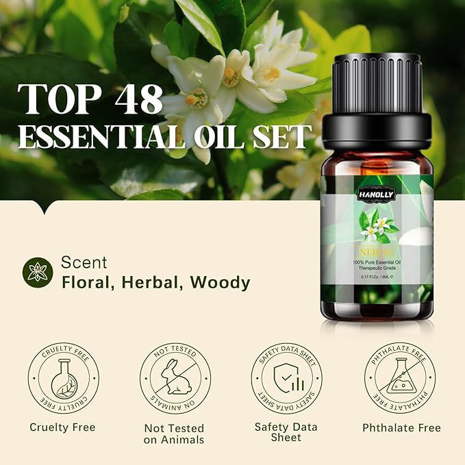 Essential Oils Set, Aromatherapy Essential Oil Kit for Diffuser, Candle, Soap Making, Massage, Skin Care (48 x 5ml) - Sandalwood, Eucalyptus, Lavender, Tea Tree, Peppermint Aromatherapy Oil