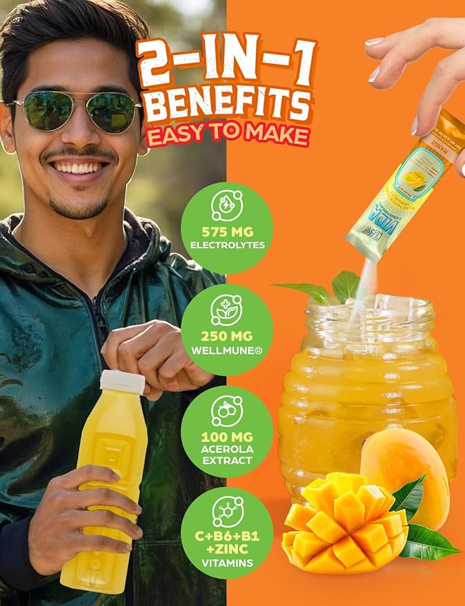 Hydration + Immunity Electrolyte Drink Mix – Mango Agua Fresca Flavor | Sugar-Free Powder with Wellmune®, Acerola, Coconut Water & Minerals | 15 Single-Serve Stick Packs, Natural Flavor
