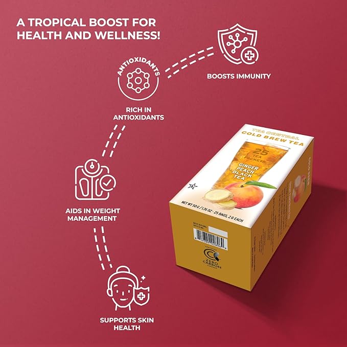 Life Plus Style Gourmet TEA CENTRAL Ginger Peach Black Tea Organic Ceylon Refreshing Tea Beverages Ginger Natural Sweet Flavored Cold Brew Peach Tea Bags Everyday Wellness Iced Drink 25 Tea Bags