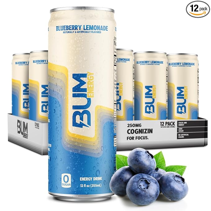 BUM Sugar-Free Energy Drink, Blueberry Lemonade - Lightly Carbonated & No Artificial Colors, Natural Caffeine & Citicoline for Energy & Focus, Brain Boost & Workout Sports Beverage - 12 oz, Pack of 12