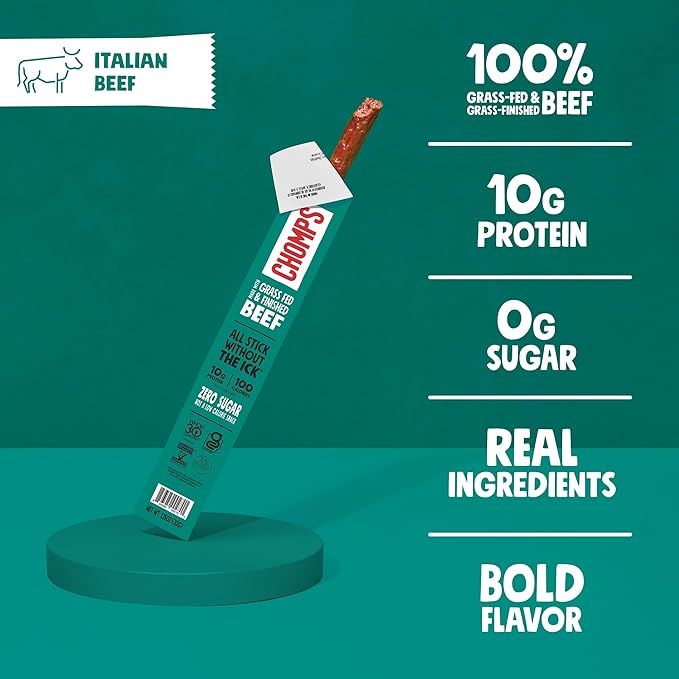 Chomps Grass-Fed and Finished Italian Beef Jerky Snack Sticks 10-Pack - Keto, Paleo, Whole30, 10g Lean Meat Protein, Gluten-Free, Zero Sugar Food, Non-GMO