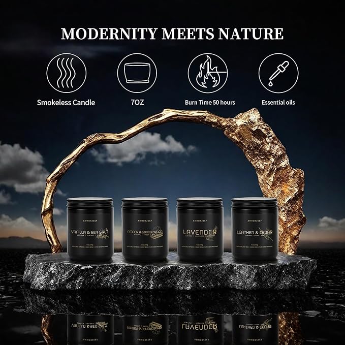 4 Pack Manly Scented Candles for Men Burn Time 200h Soy Candle Set for Home 7Oz Wood Wick Aromatherapy Candles for Relaxation Scented Leather Cedar/Lavender/Amber Sandalwood/Vanilla Candles