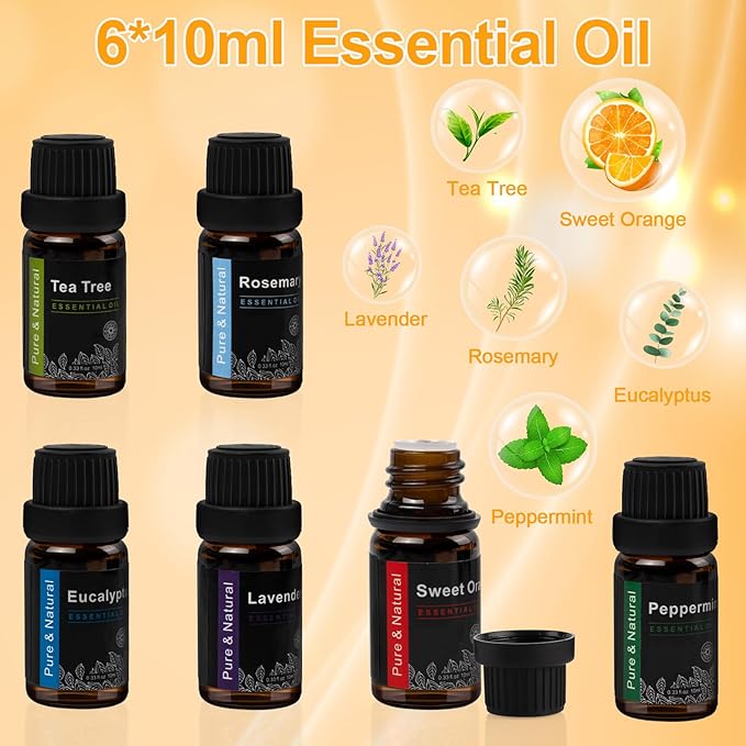 7 Colors Flame Diffuser Essential Oil Diffuser with 6 Essential Oils, 200ml Ultra-Quiet Aromatherapy Diffuser for Office Home Bedroom Aroma 360 Diffuser (Fire-Gray Set)