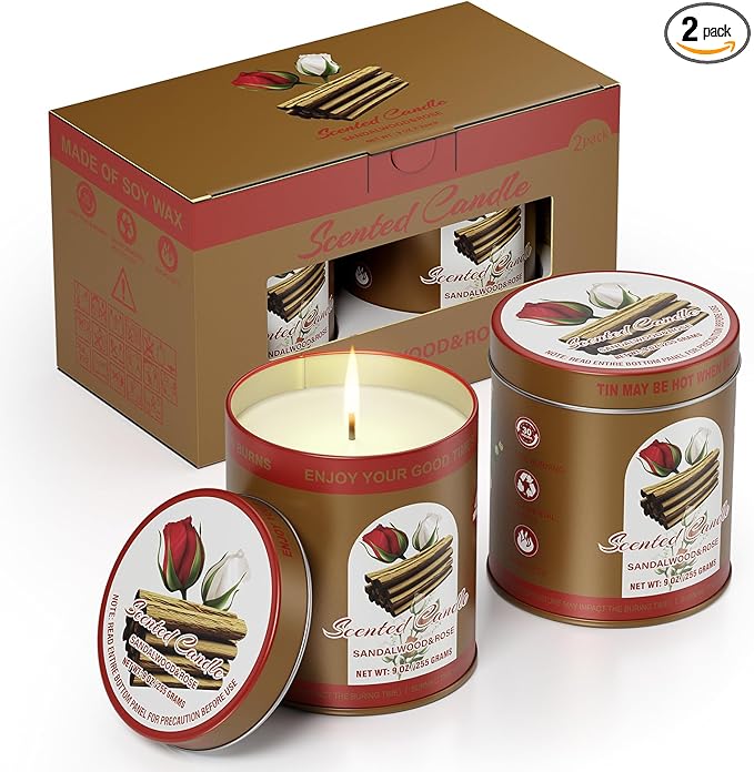 Sandalwood & Rose Scented Candles Gift Set | 2 Pack,8% Essential Oils,80-Hour Clean Burn Smoke-Free | Tin Jar Soy Wax Aromatherapy Candles Relaxation Meditation for Home Birthday Gifts for Men & Women