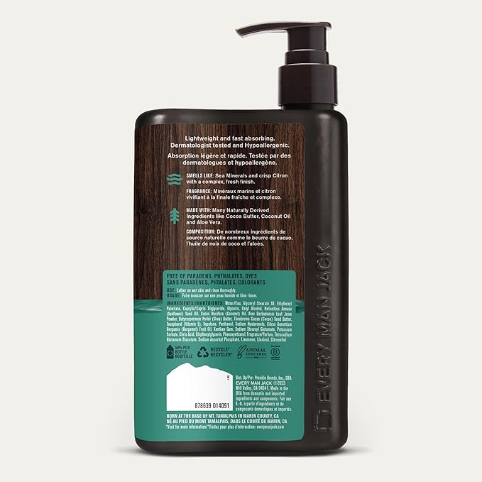 Every Man Jack Mens Sea Minerals + Citron Hand & Body Lotion for All Skin Types - Dermatologist Tested & Hypoallergenic - Nourish Skin with Lightweight Fast Absorbing Lotion - 13.5oz 2 Bottles