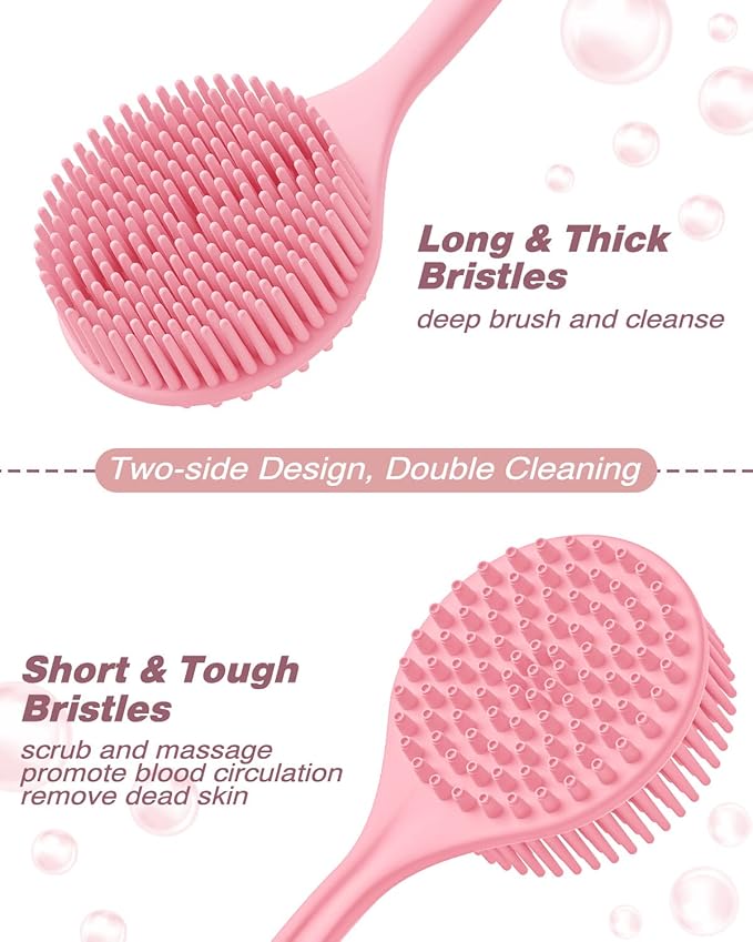 Manmihealth Silicone Back Scrubber & Soft Bath Glove, Silicone Scalp Massager Set 5 PCS, Super-Exfoliating Body Scrubber Shower Brush & Shampoo Brush Combination, with 2 Free Hooks (Style 2 Pink)