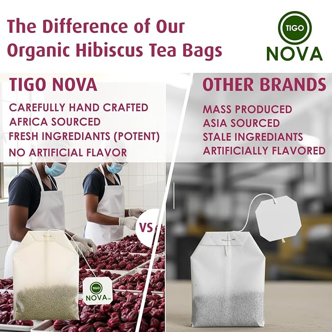 Premium Organic Hibiscus Tea Bags, 100% Natural and Organic Ingredients, Antioxidant Tea, Caffeine free | Authentic African Origin | Eco-conscious Teabags (15 count) , Supports Healthy Blood Pressure, Boosts Immune