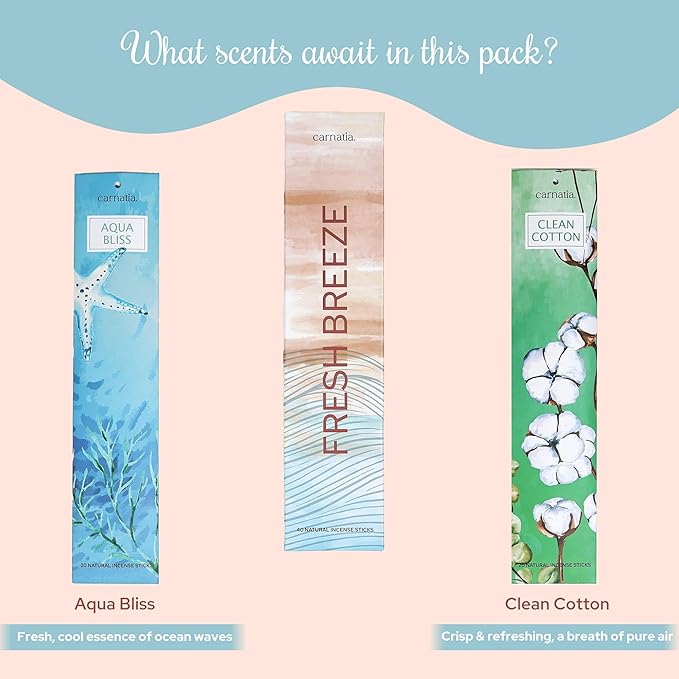 Carnatia Fresh Breeze Incense Sticks – Set of 2 Fresh, Long-Lasting Aromas for Your Home | Unwind with Clean Cotton & Aqua Bliss Scents | Natural, Sustainable Incense for Everyday Calm!
