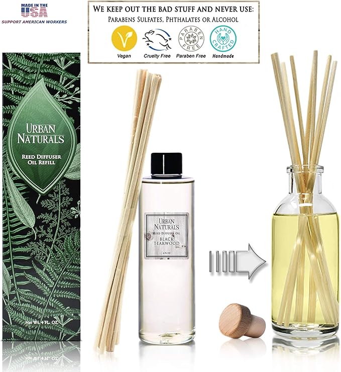 Urban Naturals Black Teakwood Reed Diffuser Oil and Sticks Set Refill | Includes a Free Set of Reed Sticks! Fresh Herbs, Birch, Pear, Sage & Amber Fragrance Notes | 4 oz.