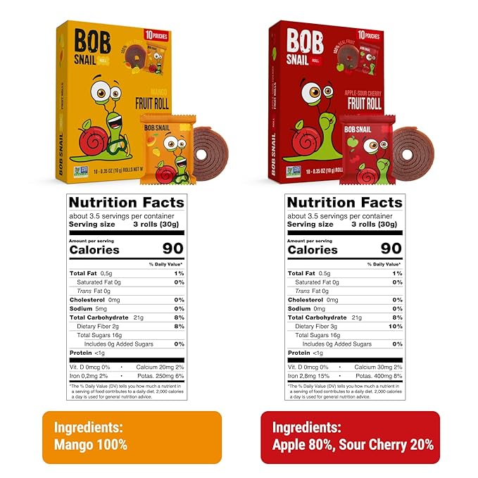 Bob Snail Exotic Mix Fruit Roll Ups – Healthy Sweets, Real Dried Fruits Snacks, No Added Sugar, Vegan, Nut Free, Candy for Adults and Kids – Flavour 50 pcs, 500g (Sour Cherry & Mango)