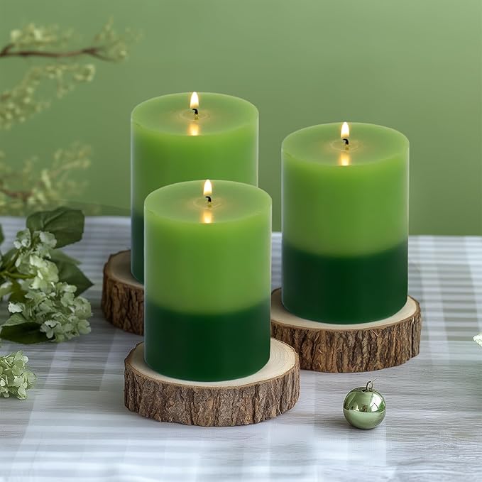 KONNI Green Layered Pillar Candles Set of 3, 3"x 4" Unscented Pillar Candles Bulk, 39 Hours Long Burning Candles, Smokeless&Dripless Large Round Candle for Wedding, Home Decoration, Parties, Dinner