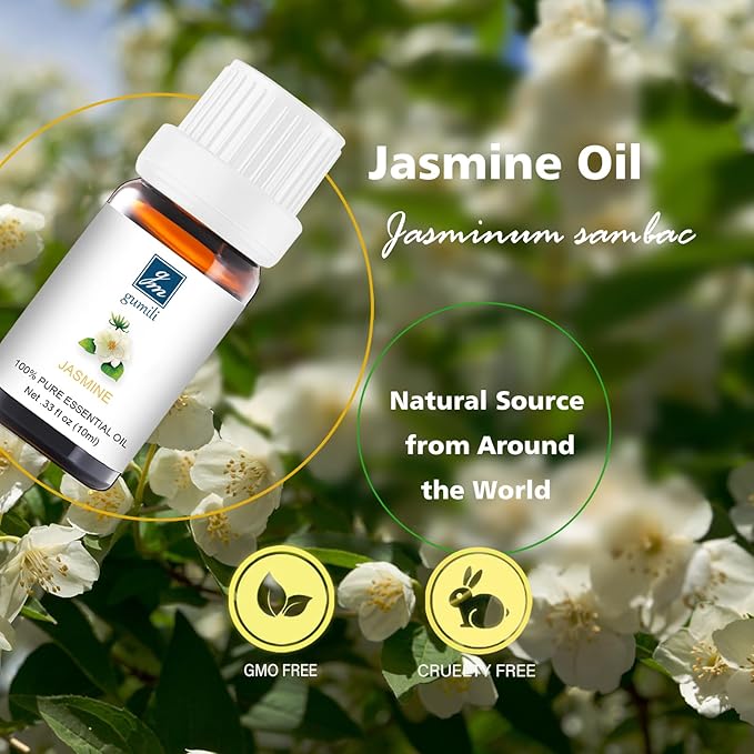 Jasmine Essential Oil - Pure Organic Jasmine Oil for Skin, Hair, Diffuser, Spray, Roll On, Body, Massage - Floral Scent, 10mL