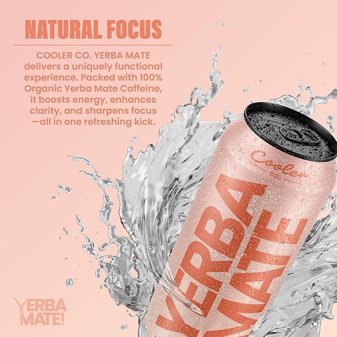 COOLER CO. | YERBA MATE | 12 Pack | 100% Organic Yerba Mate Caffeine | 150 mg Caffeine | 3 Organic Ingredients | Natural Ingredients | No Artificial Colors or Stimulants | Power Peach Flavor