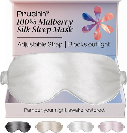 Adjustable Silk Sleep Mask Eye Covers | 100% Pure 6A Mulberry Silk | Blackout & Hypoallergenic | Concealed Strap for Women & Men | for Sleeping & Travel (Ivory White)