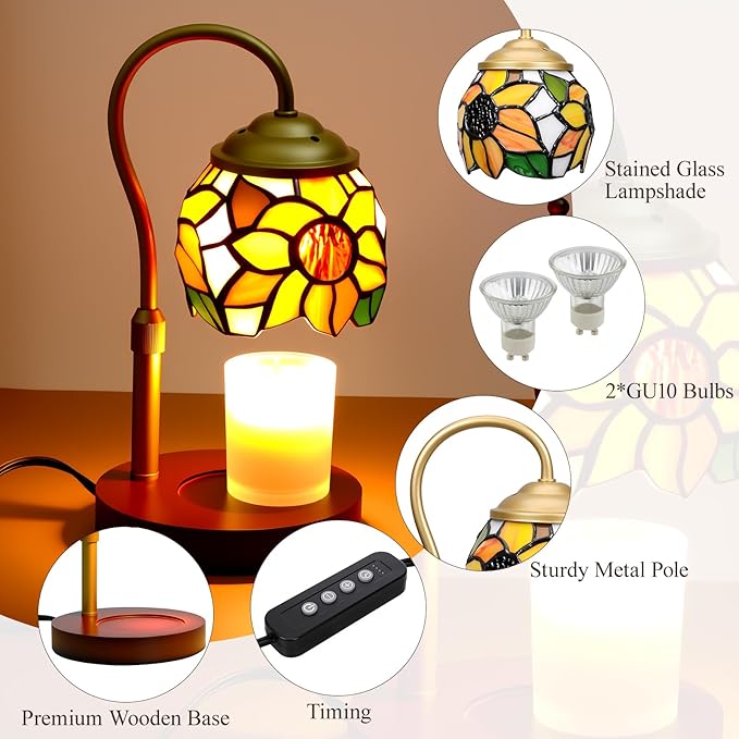 Candle Warmer Lamp - Electric Candle Lamps Timer Dimmer, Sunflower Tiffany Style Stained Glass Candle Warming Lamp Compatible with Jar Candles Gifts for Mom Friend Wax Melt Warmer for Home Decor