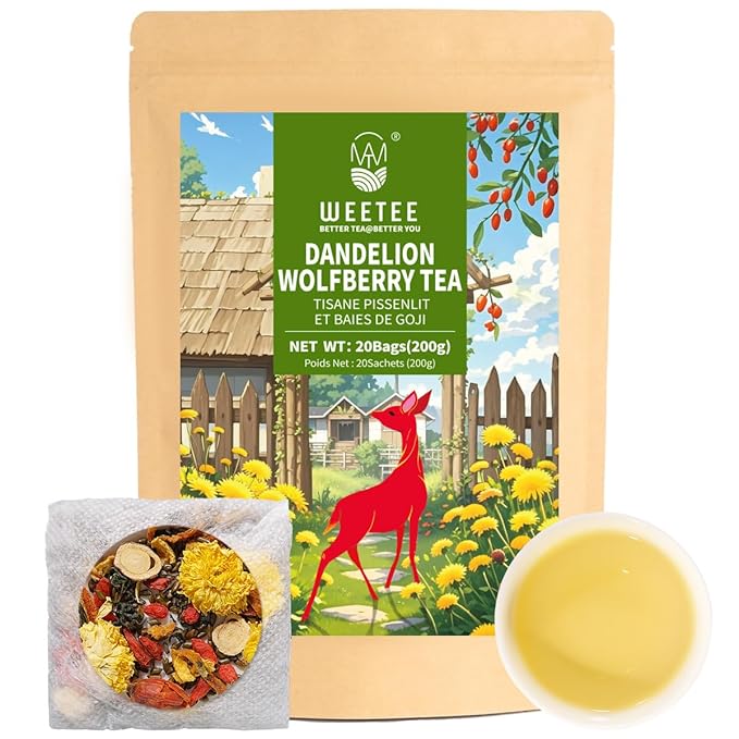 WT WEETEE Dandelion Wolfberry Tea, 10g * 20 Count Corn Firbe Tea Bags, Multiple Brewing, Made from Goji Berry Chrysanthemum Cassia Seed 7 Natural Herbal Ingredients, Wolfberry & Dandelion Herbal Tea