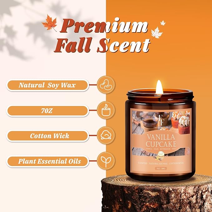 Fall Candle, Vanilla Cupcake Scented Candles for Home, Natural Soy Autumn Candle Aromatherapy Candle, 7 oz Jar Candles Fall Gifts for Women Men