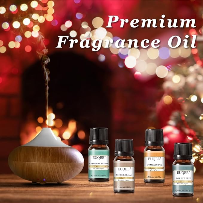 EUQEE Holiday Cheer Premium Fragrance Oils Set of 6 - Forest Pine, Christmas Wreath, Brown Sugar, Harvest Spice, Gingerbread, Pumpkin Pie - Scented Oils for Diffuser, Candle Making (10ml)