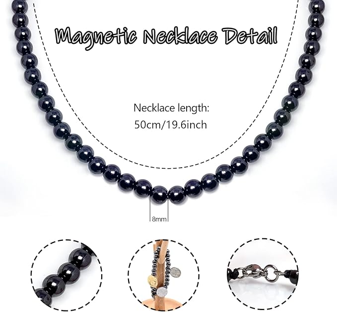 Hematite Magnetic Therapy Necklace - Black Obsidian, Natural Pain Relief, Lymphatic Drainage, Blood Circulation Healing Magnets for Women & Men