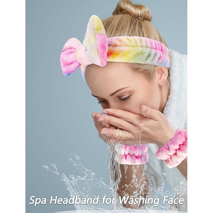 VELSCRUN Spa Headband, Makeup Face Wash Skincare Headbands, 6 Pcs Deep Colorful Sponge Bow Tie Get Ready HairBand Facial Wristband Set, Stuff for Teen Girls Women Trendy Fashion Hair Accessories
