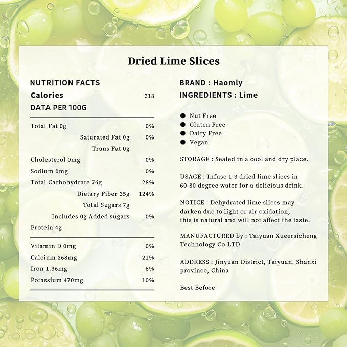 Haomly Dehydrated Lime Slice Wheels |5.3oz/150g|100% Natural Dried Lime Slices|Dehydrated Fruit For Cocktails,Garnishing, Cooking, Baking, Fruit Tea Drinks,Wreath Making,Crafts | No Added Sugar| No Additive