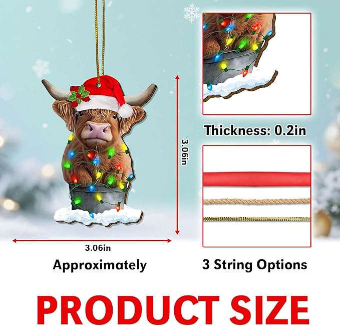 Highland Cow Christmas Tree Keepsake Ornaments, Farmhouse Themed 2 Side Printed Flat Wooden Ornament, Farm Animal Xmas Hanging Decor