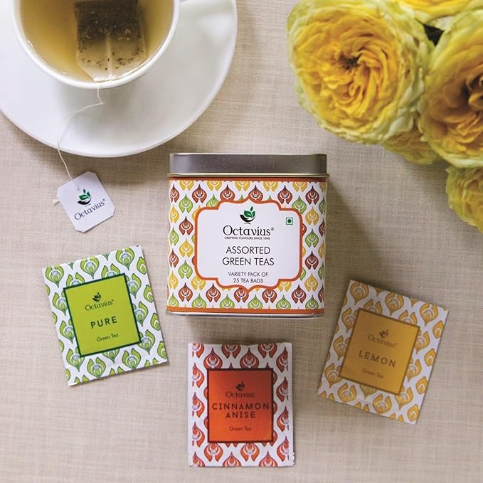 Octavius Tea Variety Pack | 3 Assorted Green Teas | 25 Teabags Per Pack | Sampler Tea Pack | Pack of 2 | 50 Teabags Total | Premium Indian Green Tea Collection