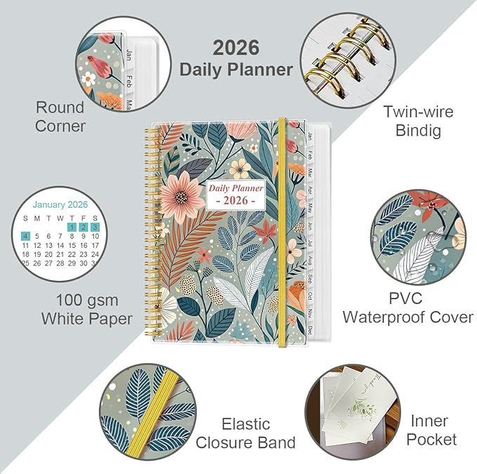 2026 Daily & Monthly Planner - One Page Per Day, Daily Planner from January 2026 - December 2026, Planner 2026 with 12 Monthly Tabs, 8.5" x 11", Flower-B