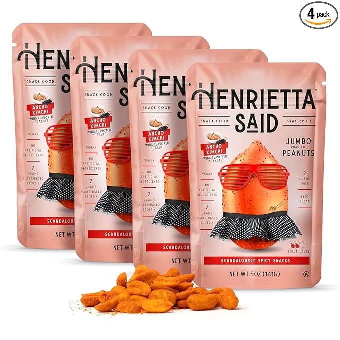 Henrietta Said Wing-Flavored Peanuts - Truly Good Foods Snacking Nuts - Bold Flavors - Savory & Spicy - Jumbo Flavored Peanuts - Protein Packed Vegan Snack - 4 (5-oz) Packs - Ancho Kimchi