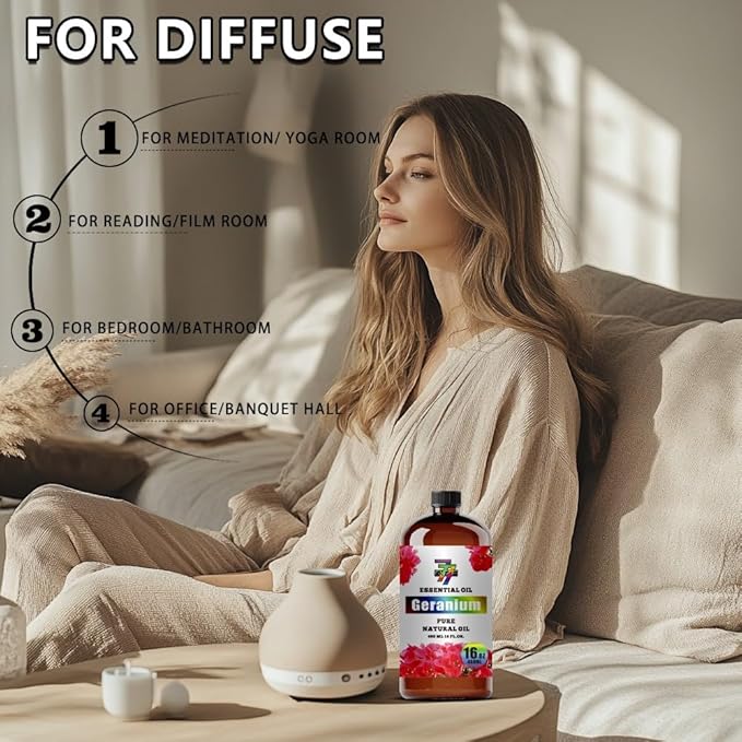 Geranium Essential Oil (16 oz / 480 ml) – Geranium Oils for diffusers, humidifiers, Home Baths, Cleaning Products, Yoga, DIY Soaps and DIY Scented Candles