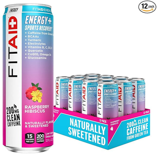FITAID ENERGY, 200mg Natural Caffeine, Keto, Raspberry Hibiscus, Optimum Performance Formula: BCAAs, Quercetin, Electrolytes, Omega-3s, 15 calories, Paleo, Vegan & GlutenFree, 12 Fl Oz (Pack of 12)