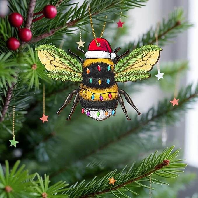 2 Side Printed Flat Christmas Wooden Ornaments, Animal Keepsake Hanging Tree Decoration, Santa Bee Ornament
