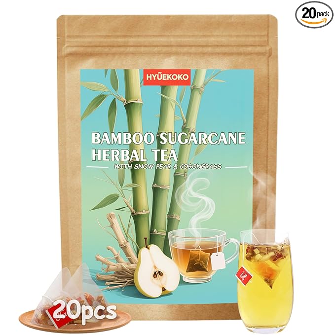 20 Bags Sugarcane Imperata Root Pear Tea, Caffeine-Free Natural Ingredients Herbal Tea Bags, Supports Lung Cleanse, No Additives, Daily Enjoyment Tea for Men & Women